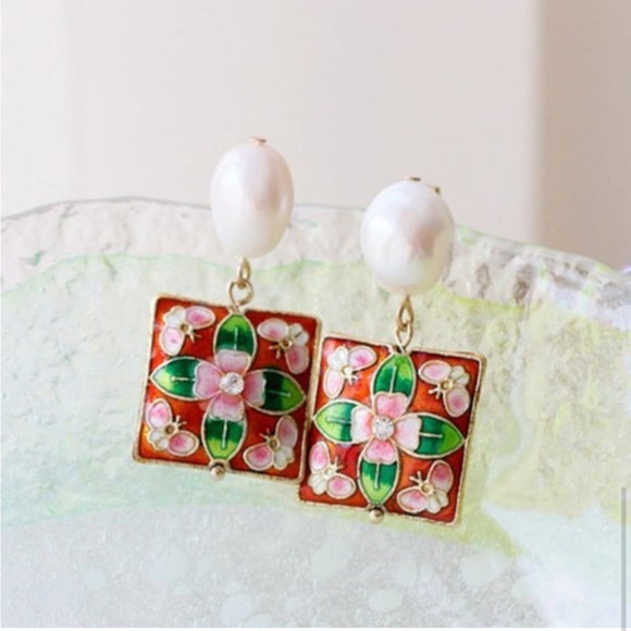 NWT Anthropologie Cloisonne Pearl Drop Earrings - Picture 2 of 7